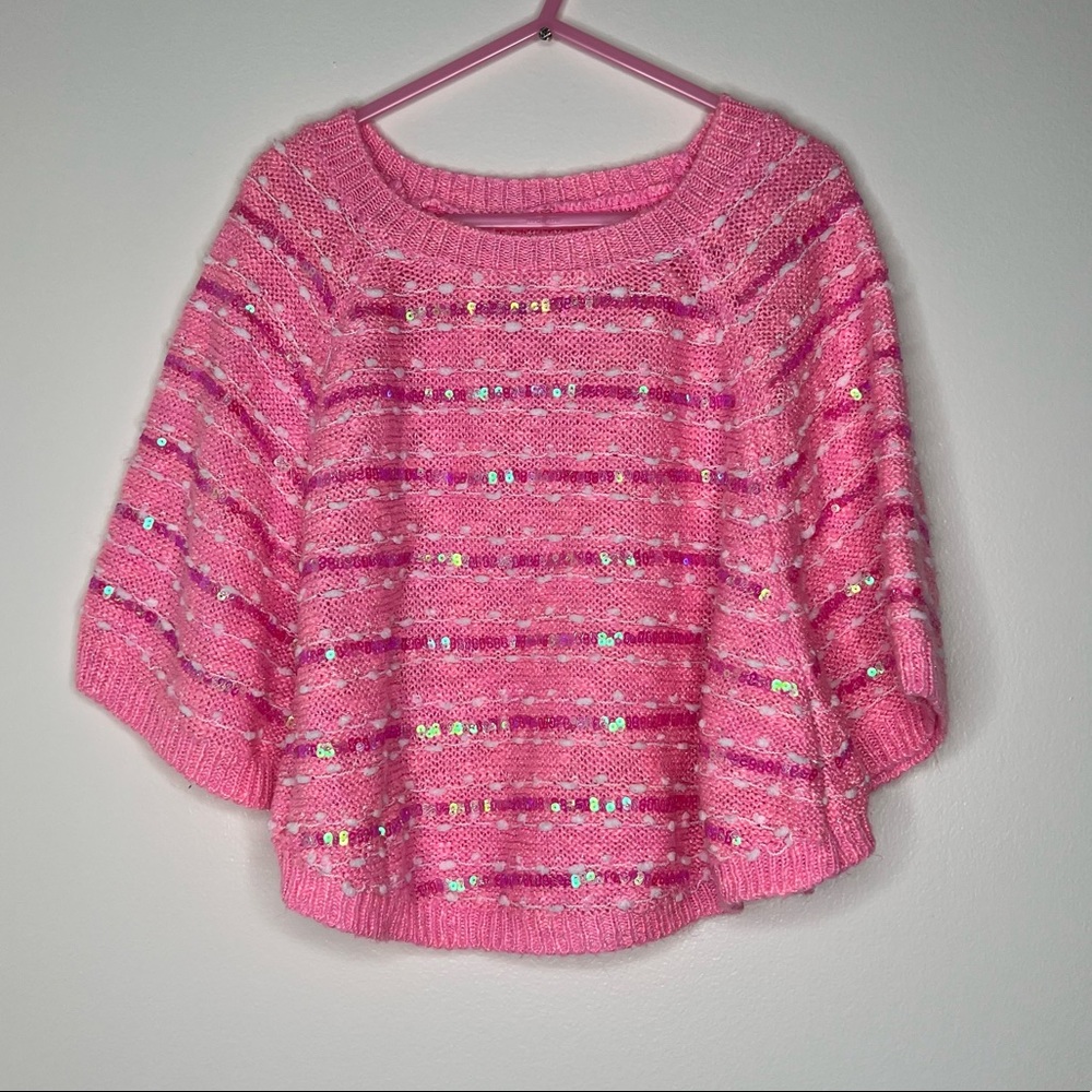 Justice pink sweater poncho with a sleeve iridescent sequins on front size 6/7